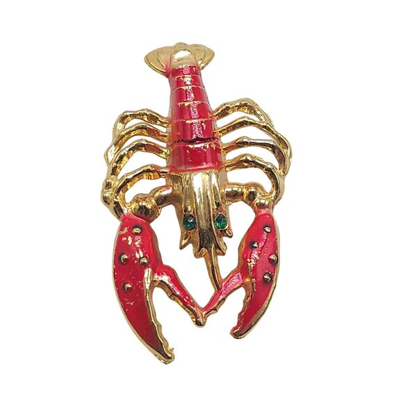 Mid-Century Figural Lobster Pin Brooch Red Enamel Gold Tone Green Rhinestones - Picture 1 of 4